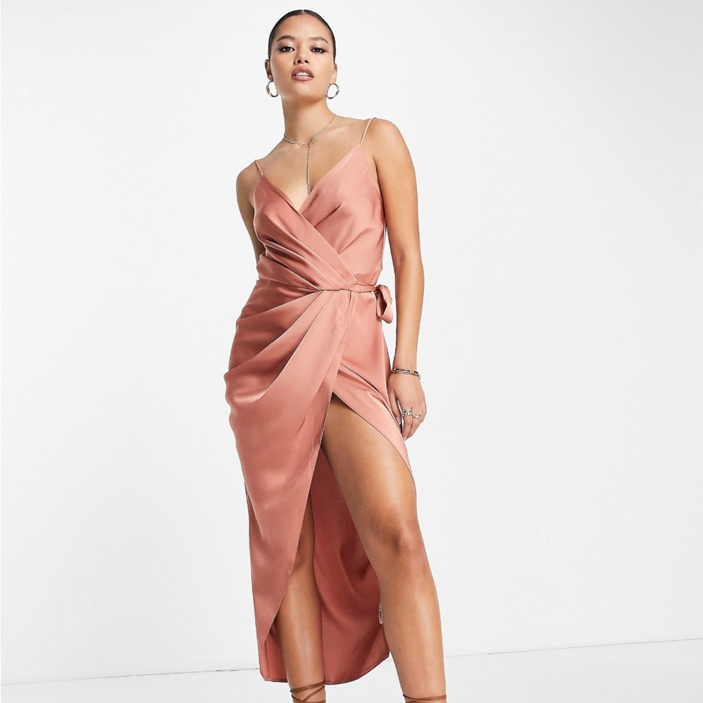 ASOS Satin Wrap Midi Dress in Dusty Rose